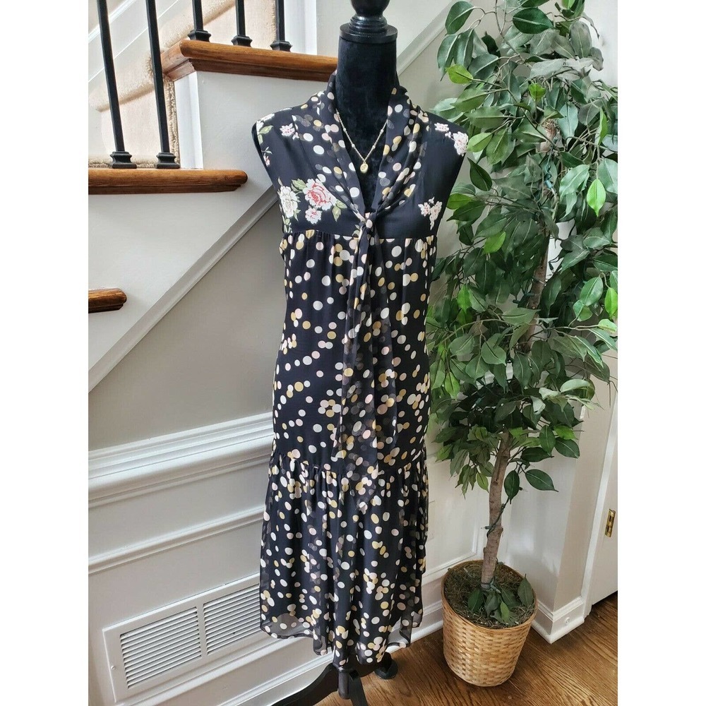 J.Peterman Women Black Floral Silk V- Neck Sleeveless Knee Length Dress Size Lโ